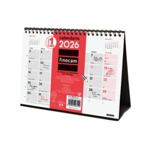 finocam calendario de sobremesa anual 2026 210x70x155mm espacio para escribir color blanco y rojo