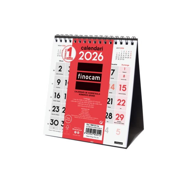 finocam calendario de sobremesa en catalan anual 2026 140x70x155mm numeros grandes color blanco y rojo
