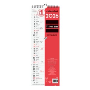 finocam calendario de pared en catalan anual 2026 155x5x440mm espacio para escribir color blanco y rojo