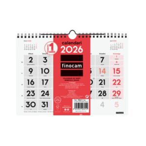 finocam calendario de pared en catalan anual 2026 210x5x155mm numeros grandes color blanco y rojo