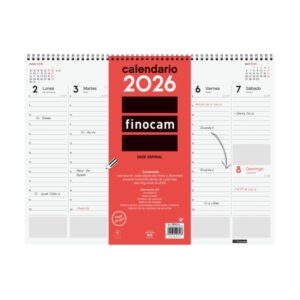 finocam vade calendario de sobremesa anual 2026 con espiral 420x8x320mm semana vista en vertical color blanco y rojo