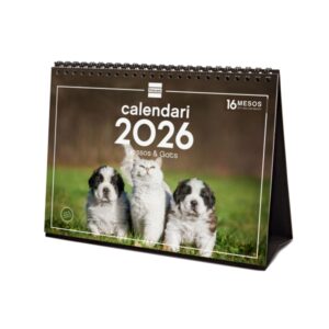 finocam calendario de sobremesa en catalan anual 2026 imagenes variadas espacio para escribir tematica de perros y gatos