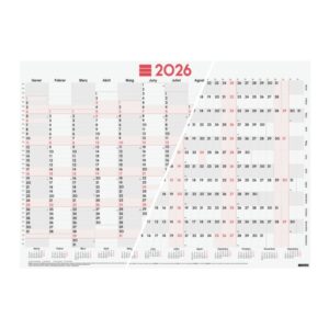 finocam planificador de tipo poster en catalan anual 2026 espacio para escribir 680x485mm numeros grandes color blanco y rojo