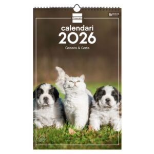 finocam calendario de pared en catalan anual 2026 imagenes variadas con espiral espacio para escribir tematica de perros y gatos
