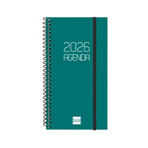 finocam opaque agenda de espiral en catalan anual 2026 tapa ligera cierre con goma elastica formato e9 100x14x171mm semana vista horizontal color verde