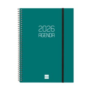 finocam opaque agenda de espiral anual 2026 tapa ligera cierre con goma elastica formato e10 162x14x212mm semana vista horizontal color verde