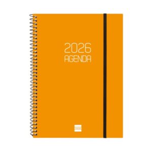 finocam opaque agenda de espiral anual 2026 tapa ligera cierre con goma elastica formato e10 162x14x212mm semana vista horizontal color naranja