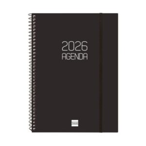 finocam opaque agenda de espiral anual 2026 tapa ligera cierre con goma elastica formato e10 162x14x212mm semana vista en vertical color negro