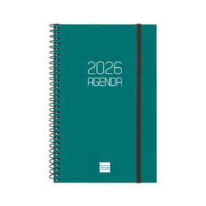 finocam opaque agenda de espiral en catalan anual 2026 tapa ligera cierre con goma elastica formato e5 217x14x297mm semana vista horizontal color verde