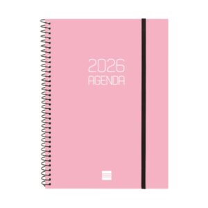 finocam opaque agenda de espiral en catalan anual 2026 tapa ligera cierre con goma elastica formato e10 217x14x297mm semana vista horizontal color rosa
