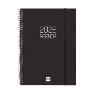 finocam opaque agenda de espiral en catalan anual 2026 tapa ligera cierre con goma elastica formato e10 217x14x297mm semana vista horizontal color negro