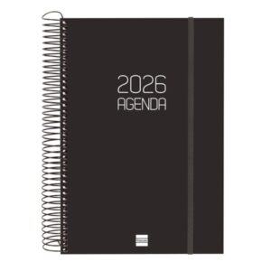 finocam opaque agenda de espiral anual 2026 tapa ligera cierre con goma elastica formato e11 1 dia por pagina color negro