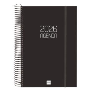 finocam opaque agenda de espiral en catalan anual 2026 tapa ligera cierre con goma elastica formato e11 175x29x242mm 1 dia por pagina color negro