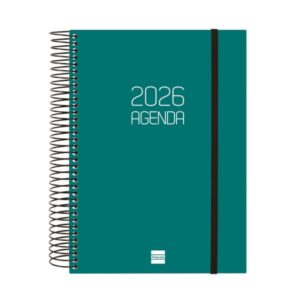 finocam opaque agenda de espiral anual 2026 tapa ligera cierre con goma elastica formato e10 175x29x212mm 1 dia por pagina color verde