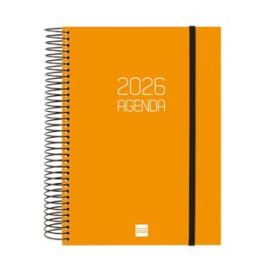 finocam opaque agenda de espiral anual 2026 tapa ligera cierre con goma elastica formato e10 175x29x212mm 1 dia por pagina color naranja