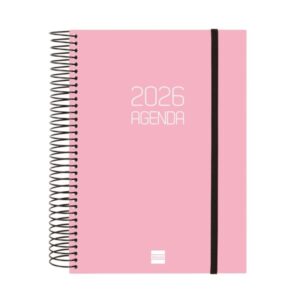 finocam opaque agenda de espiral anual 2026 tapa ligera cierre con goma elastica formato e10 175x29x212mm 1 dia por pagina color rosa