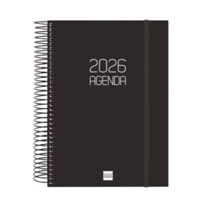 finocam opaque agenda de espiral anual 2026 tapa ligera cierre con goma elastica formato e10 175x29x212mm 1 dia por pagina color negro