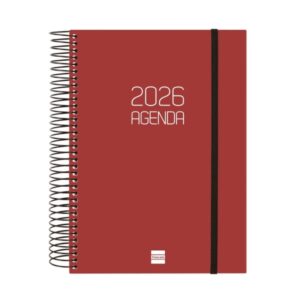 finocam opaque agenda de espiral anual 2026 tapa ligera cierre con goma elastica formato e10 175x29x212mm 1 dia por pagina color burdeos