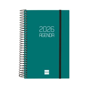 finocam opaque agenda de espiral en catalan anual 2026 tapa ligera cierre con goma elastica formato e5 135x24x181mm 1 dia por pagina color verde