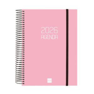 finocam opaque agenda de espiral en catalan anual 2026 tapa ligera cierre con goma elastica formato e10 175x29x212mm 1 dia por pagina color rosa