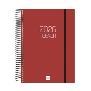 finocam opaque agenda de espiral en catalan anual 2026 tapa ligera cierre con goma elastica formato e10 175x29x212mm 1 dia por pagina color burdeos