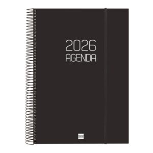 finocam opaque agenda de espiral en catalan anual 2026 tapa ligera cierre con goma elastica formato e40 230x29x297mm 1 dia por pagina color negro