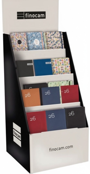 finocam expositor de pie con 52 agendas de tapa dura surtidas en catalan anual 2026 estructura de carton color surtidos