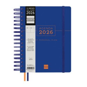 finocam tempus agenda de espiral anual 2026 tapa extradura cierre de goma formato 1/4 157x217mm 1 dia por pagina color azul