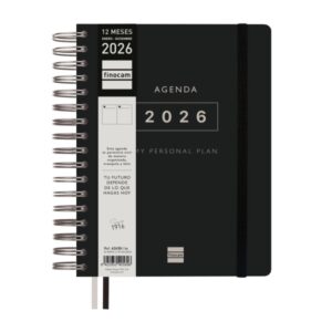 finocam tempus agenda de espiral anual 2026 tapa extradura cierre de goma formato 1/4 157x217mm 1 dia por pagina color negro