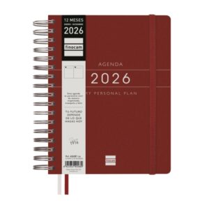 finocam tempus agenda de espiral anual 2026 tapa extradura cierre de goma formato 1/4 157x217mm 1 dia por pagina color burdeos