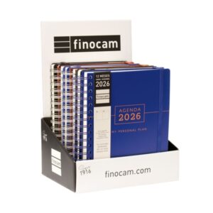 finocam tempus expositor con 6 agendas de espiral anual 2026 tapa extradura cierre de goma color surtidos