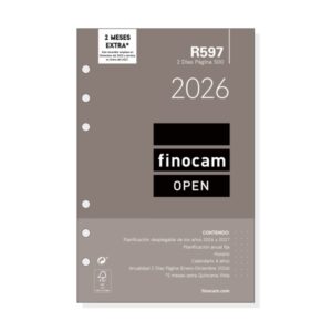 finocam r597 recambio anual 2026 para agendas open 2026 formato 500 117x11x181mm 2 dias por pagina color blanco