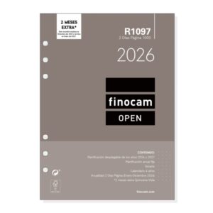finocam r1097 recambio anual 2026 para agendas open 2026 formato 1000 155x11x215mm 2 dias por pagina color blanco