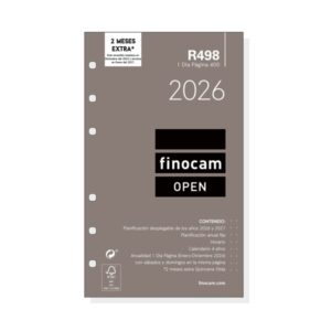 finocam r498 recambio anual 2026 para agendas open 2026 formato 400 91x16x152mm 1 dia por pagina color blanco