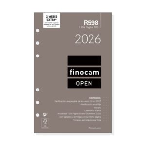 finocam r598 recambio anual 2026 para agendas open 2026 formato 500 117x16x181mm 1 dia por pagina color blanco