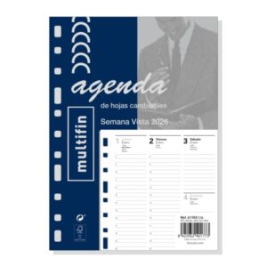 finocam recambio anual 2026 para agenda multiusos formato 3002 155x6x215mm semana vista en vertical color blanco