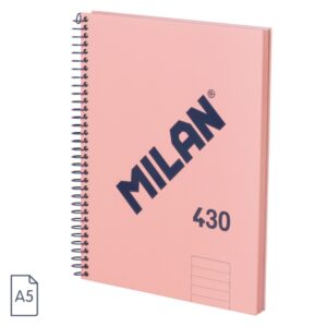 milan 430 since 1918 cuaderno a5 con espiral papel a lineas de 7mm 80 hojas de 95g tapa dura color rosa
