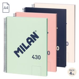 milan 430 since 1918 pack de 4 cuadernos a4 con espiral hojas blancas 80 hojas de 95g tapa dura colores surtidos
