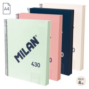 milan 430 since 1918 pack de 4 cuadernos a4 con espiral papel a lineas de 7mm 120 hojas de 95g tapa dura colores surtidos