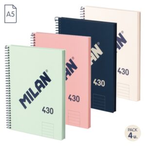 milan 430 since 1918 pack de 4 cuadernos a5 con espiral papel a lineas de 7mm 80 hojas de 95g tapa dura colores surtidos