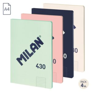 milan 430 since 1918 pack de 4 libretas a4 encoladas papel a lineas de 7mm 48 hojas de 95g colores surtidos