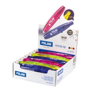 milan acid expositor con 12 cintas correctoras con pulsador 5mm x 6m colores surtidos