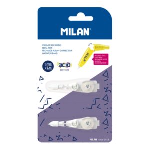 milan acid pack de 2 recambios para cinta correctora con pulsador presentacion en blister 5mm x 6m color blanco