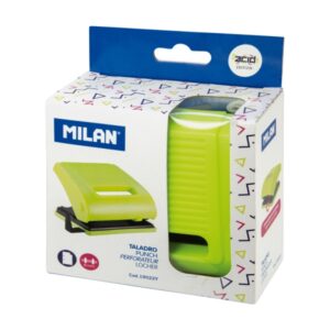 milan acid taladro perforador incluye guia de plastico hasta 15 hojas bloqueo de seguridad facil vaciado color amarillo