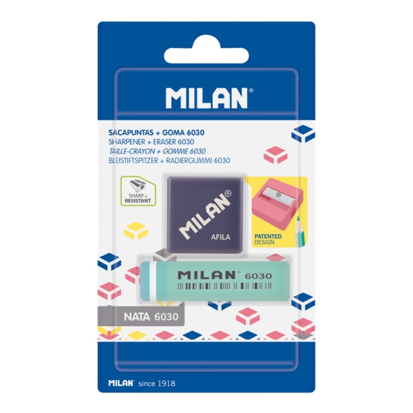 milan afila pack de 1 sacapuntas + 1 goma 6030 color azul