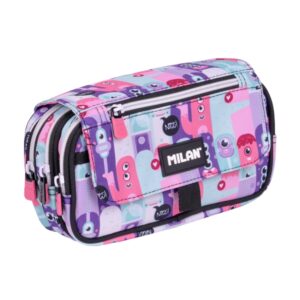 milan aliens 2 estuche portatodo con solapa cremallera 4 compartimentos 13x24x10cm color rosa