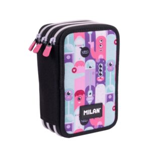 milan aliens 2 plumier de 3 pisos con goma de borrar sacapuntas lapiz 3 boligrafos regla 12 lapices de colores 6 lapices de colores metalizados 5 fluorescentes tijeras y 18 rotuladores 19.5x13x7.5cm color rosa