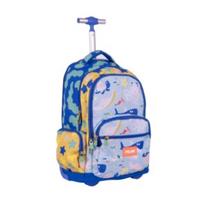 milan blue odyssey mochila escolar 25l con carro integrado y mango metalico retractil 3 bolsillos delanteros 2 bolsillos laterales 6 cremalleras 46.5x30x17cm color azul