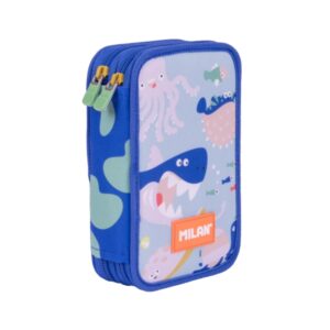 milan blue odyssey plumier de 2 pisos con regla sacapuntas gomas de borrar lapices de grafito y de colores rotuladores boligrafo azul 19.5x13x5cm multicolor