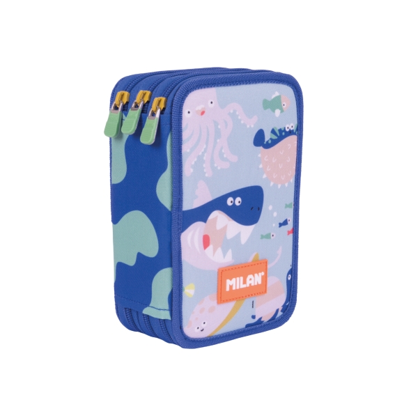 milan blue odyssey plumier de 3 pisos con goma de borrar sacapuntas lapiz 3 boligrafos regla 12 lapices de colores 6 lapices de colores metalizados 5 fluorescentes tijeras y 18 rotuladores 19.5x13x7.5cm multicolor